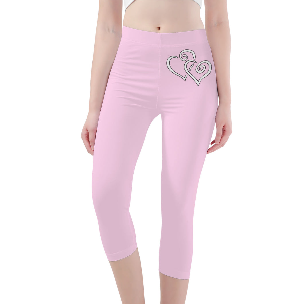 Ti Amo I love you - Exclusive Brand - Pink Lace - Double White Heart - Womens / Teen Girls / Womens Plus Size - Capri Yoga Leggings -Sizes XS-3XL