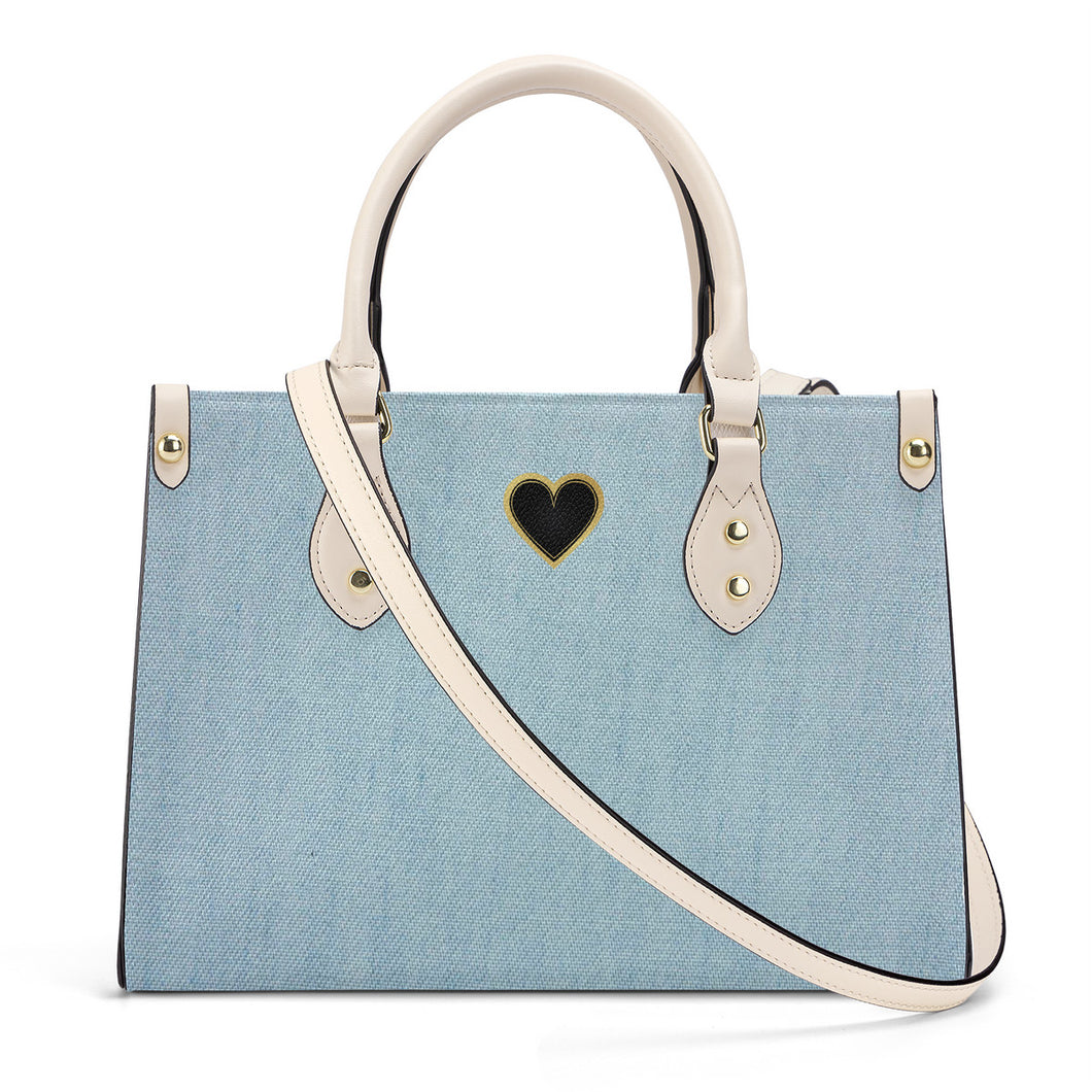 Ti Amo I love you - Exclusive Brand - Powder Blue Denim - Luxury Womens PU Tote Bag - Cream Straps