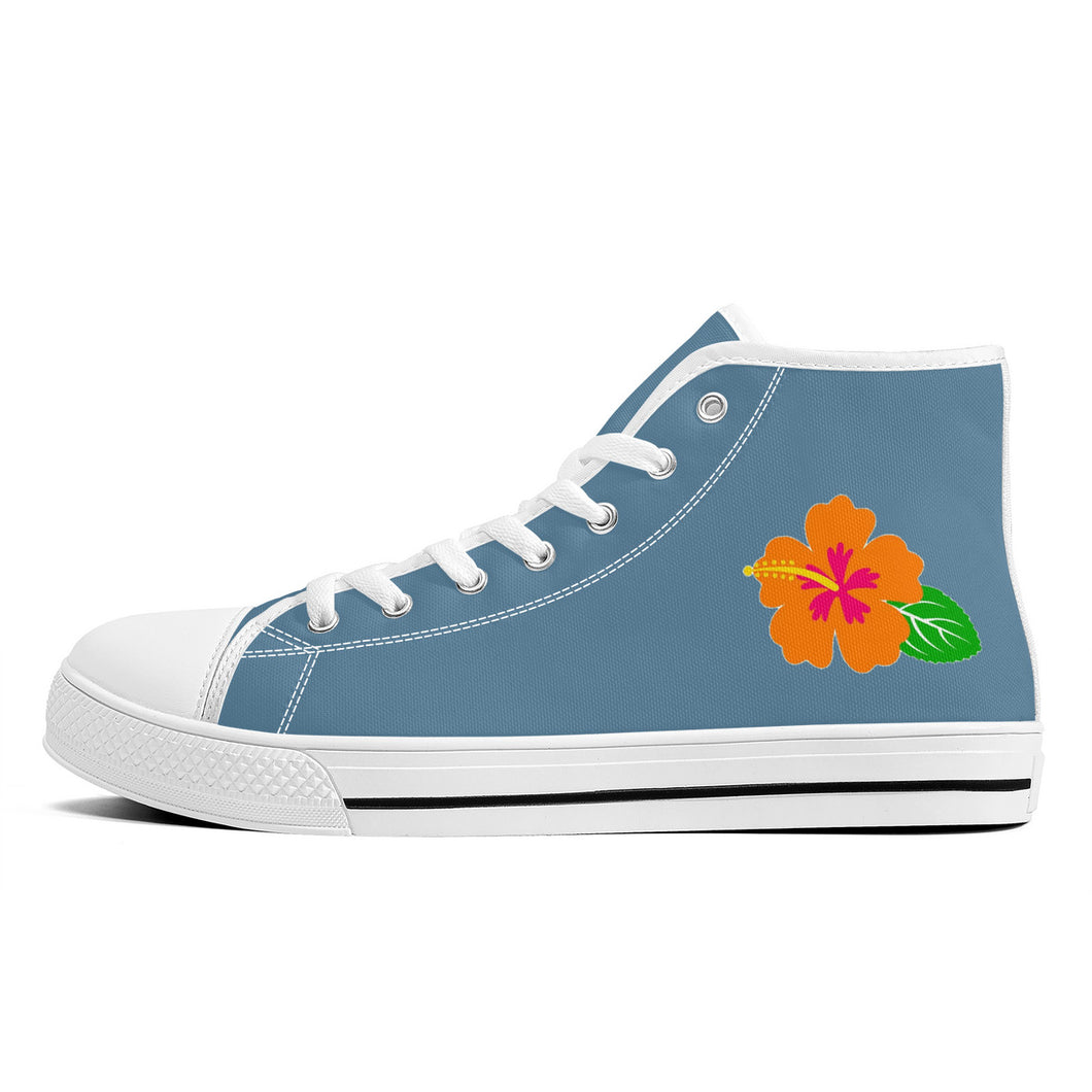 Ti Amo I love you - Exclusive Brand  - Grayish Blue - Hawaiian Flower  - High-Top Canvas Shoes - White Soles