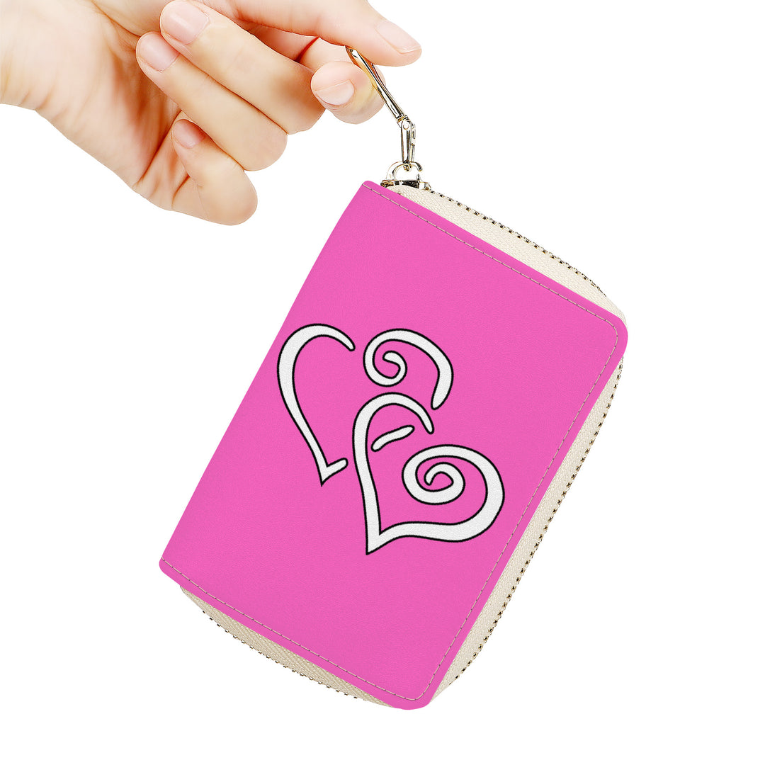 Ti Amo I love you - Exclusive Brand - Hot Pink - Double White Heart - PU Leather - Zipper Card Holder