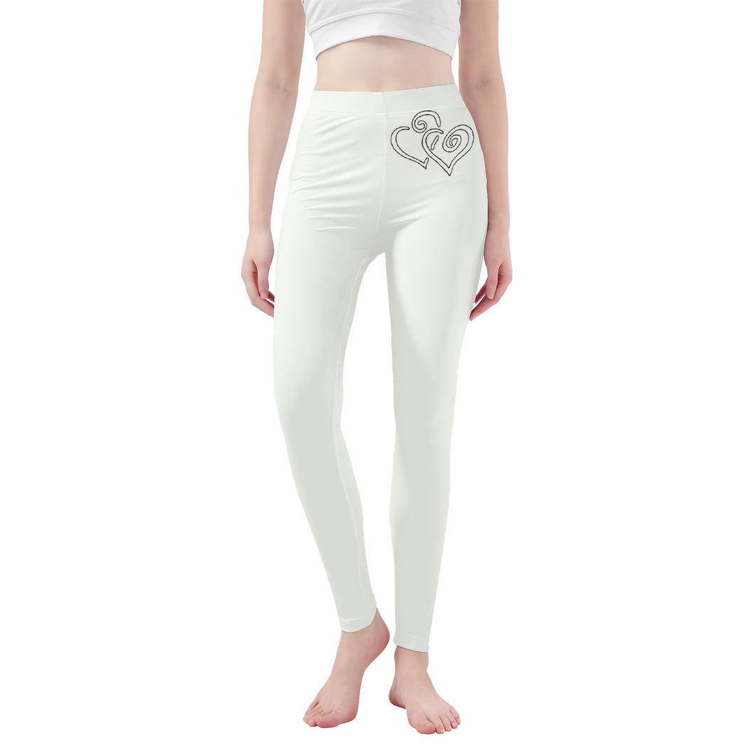 Ti Amo I love you - Exclusive Brand - Ceramic Off White - Double White Heart -Womens / Teen Girls / Womens Plus Size - Yoga Leggings - Sizes XS-3XL