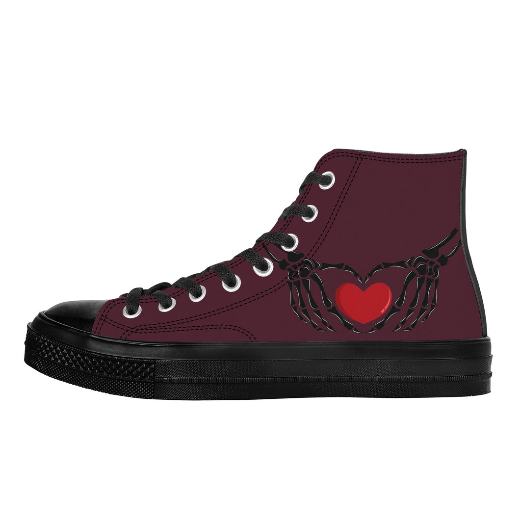 Ti Amo I love you - Exclusive Brand - Livid Brown - Skeleton Hands with Heart - High Top Canvas Shoes - Black  Soles