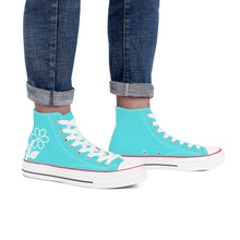 Load image into Gallery viewer, Ti Amo I love you - Exclusive Brand - Medium Turquoise Blue- White Daisy - High Top Canvas Shoes - White  Soles
