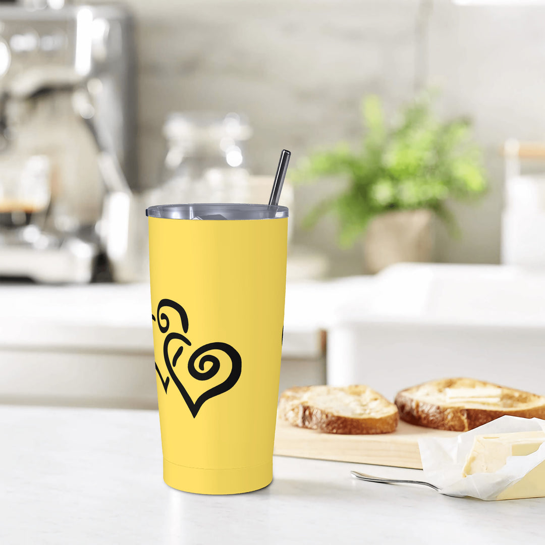 Ti Amo I love you - Exclusive Brand - Mustard Yellow - Double Black Heart - 20oz Stainless Steel Straw Lid Cup