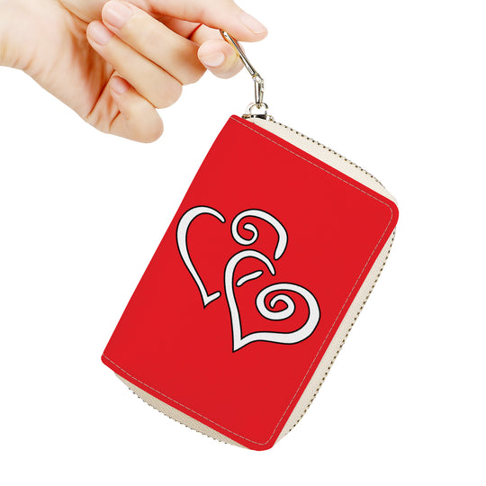 Ti Amo I love you - Exclusive Brand - Bright Crimson - Double White Heart - PU Leather - Zipper Card Holder