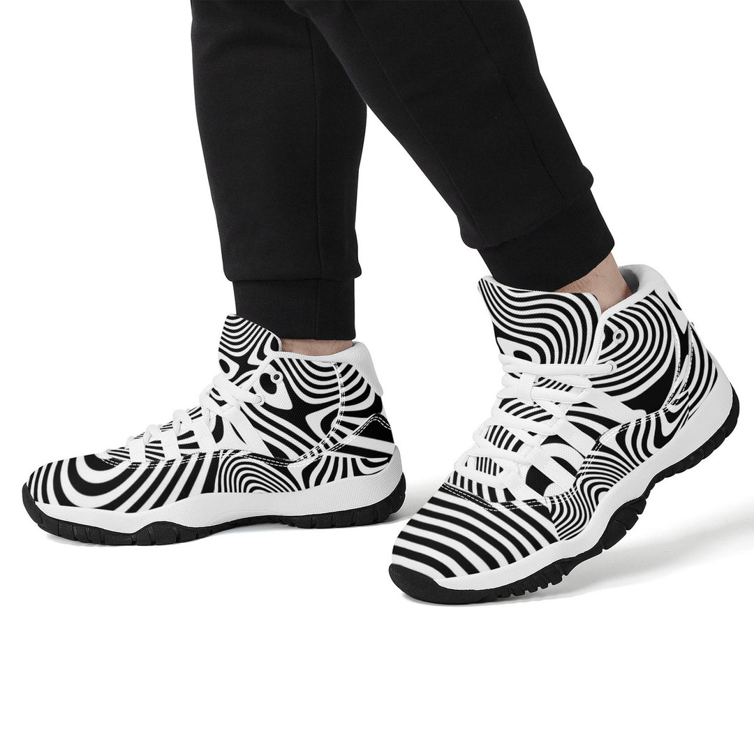 Ti Amo I love you - Exclusive Brand - Black & White Wavy Lines - High Top Air Retro Sneakers - White Laces