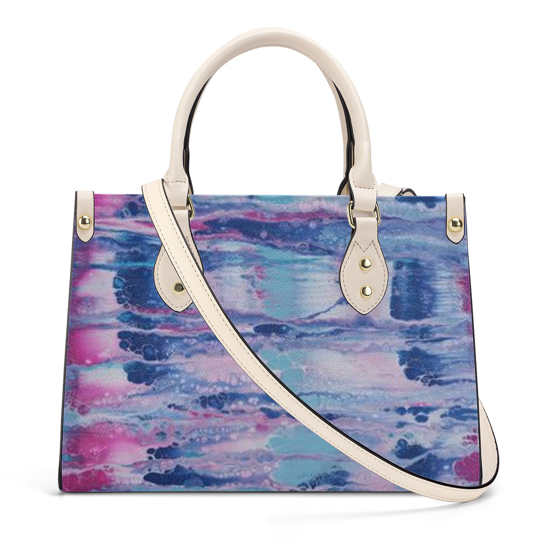 Ti Amo I love you - Exclusive Brand - Mulberry & Kashmir Blue Floating Paint Pattern - Luxury Womens PU Tote Bag - Cream Straps