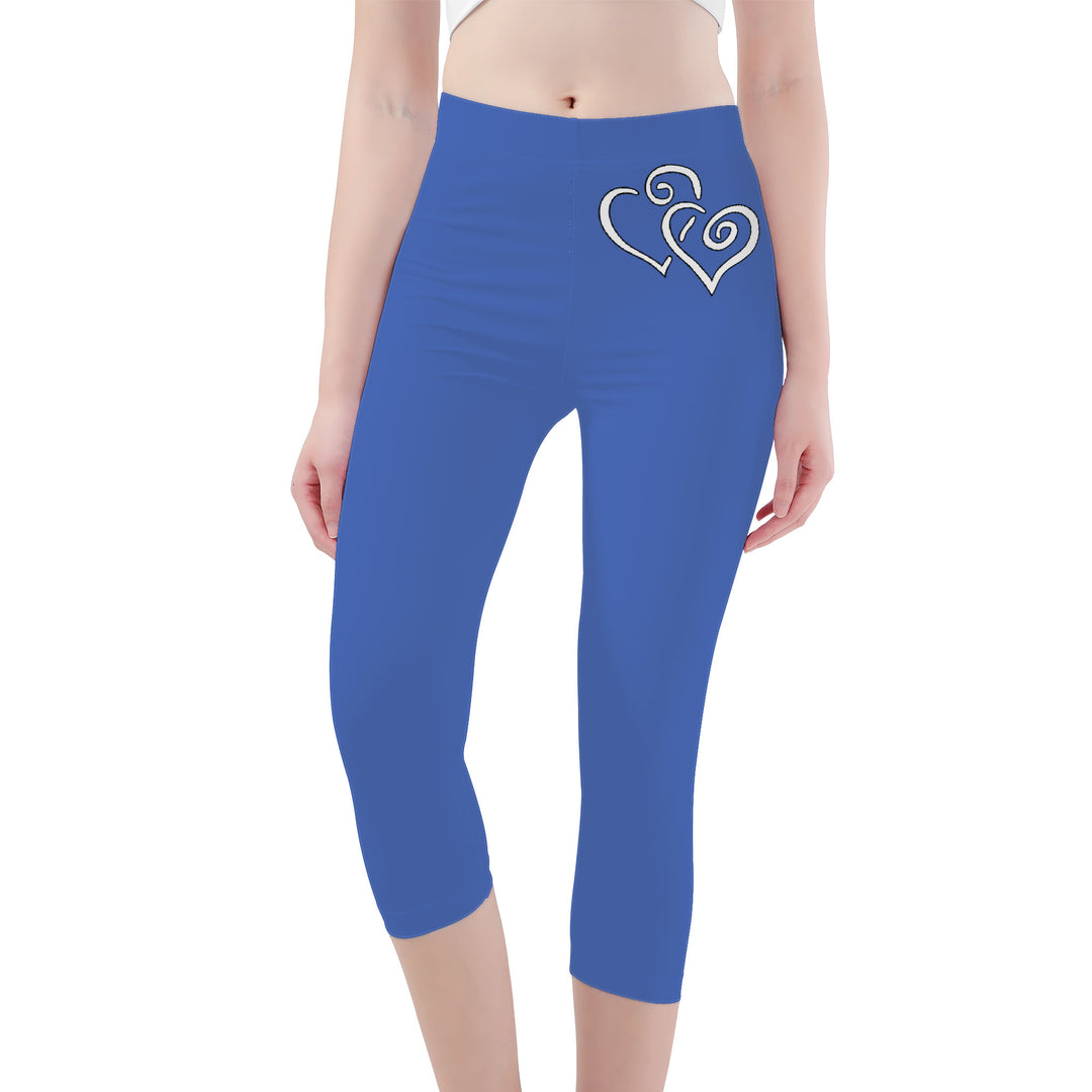 Ti Amo I love you -Exclusive Brand - San Marino Blue - Double White Heart - Womens / Teen Girls / Womens Plus Size - Capri Yoga Leggings - Sizes XS-3XL
