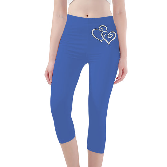 Ti Amo I love you -Exclusive Brand - San Marino Blue - Double White Heart - Womens / Teen Girls / Womens Plus Size - Capri Yoga Leggings - Sizes XS-3XL