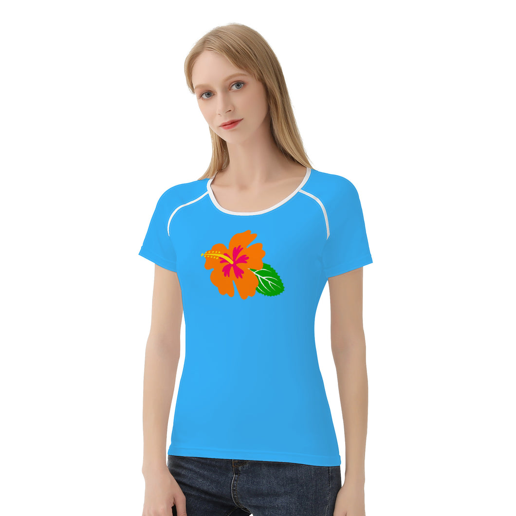 Ti Amo I love you - Exclusive Brand - Medium Cyan Blue - Hawaiian Flower - Women's T shirt - Sizes XS-2XL