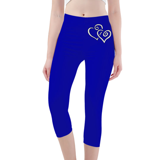 Ti Amo I love you -Exclusive Brand - Royal Blue - Double White Heart - Womens / Teen Girls / Womens Plus Size - Capri Yoga Leggings - Sizes XS-3XL