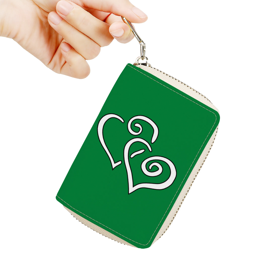 Ti Amo I love you - Exclusive Brand - Fun Green - Double White Heart - PU Leather - Zipper Card Holder