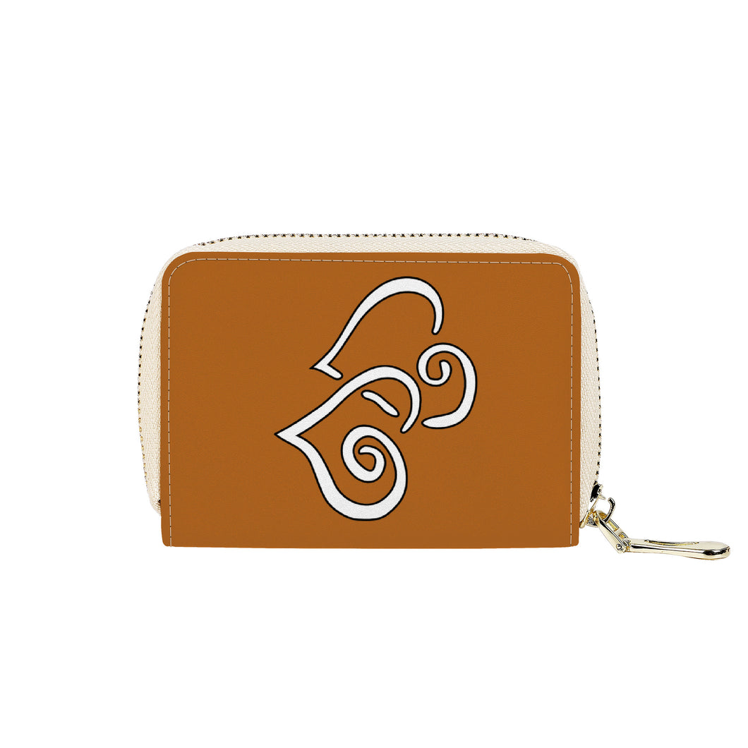 Ti Amo I love you - Exclusive Brand - Light Brown - Double White Heart - PU Leather - Zipper Card Holder