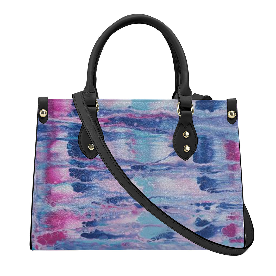 Ti Amo I love you - Exclusive Brand - Mulberry & Kashmir Blue Floating Paint Pattern - Luxury Womens PU Tote Bag - Black Straps