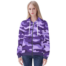 Load image into Gallery viewer, Ti Amo I love you - Exclusive Brand  - Minsk, Grape 2, Mauve 2, Fushia Blue &amp; Jacarta Camouflage - Women&#39;s Zip Hoodie
