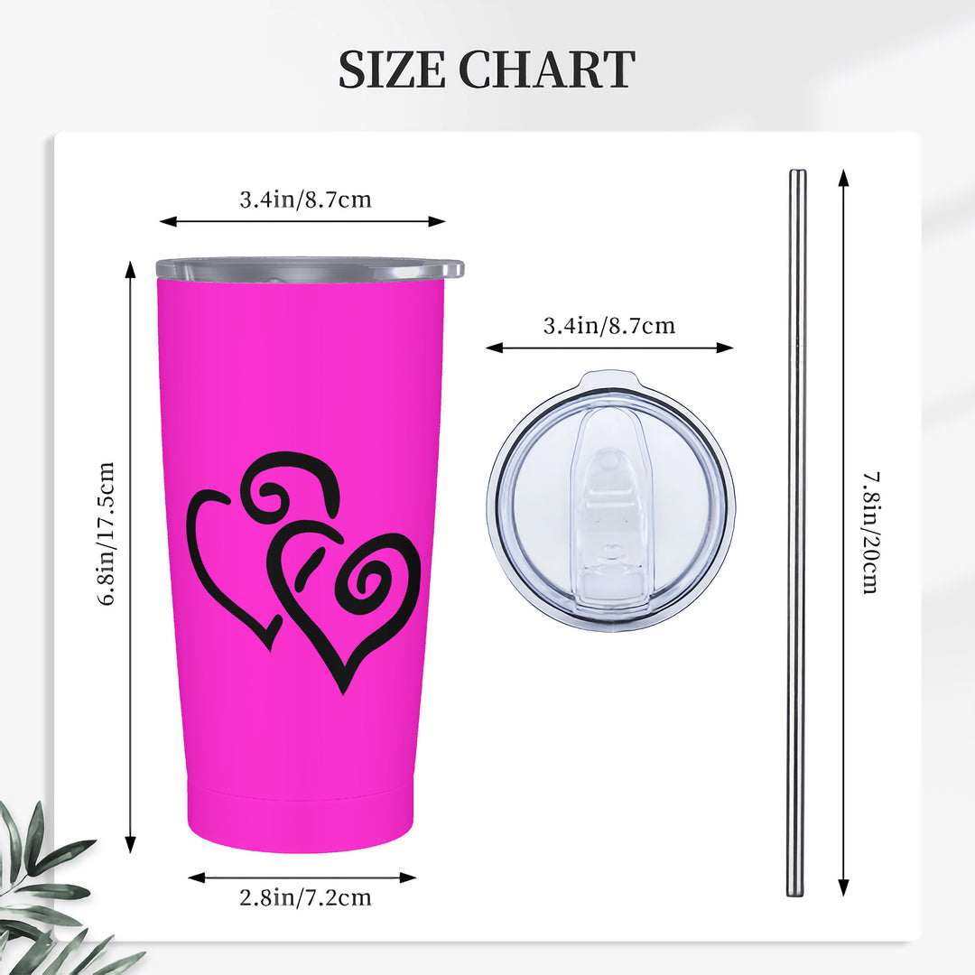 Ti Amo I love you - Exclusive Brand - Hot Magenta - Double Black Heart - 20oz Stainless Steel Straw Lid Cup