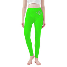 Load image into Gallery viewer, Ti Amo I love you - Exclusive Brand - Florescent Green  - Double White Heart - Womens / Teen Girls  / Womens Plus Size  - Yoga Leggings - Sizes XS-3XL
