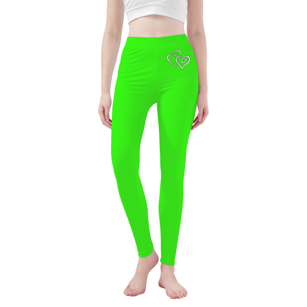 Ti Amo I love you - Exclusive Brand - Florescent Green  - Double White Heart - Womens / Teen Girls  / Womens Plus Size  - Yoga Leggings - Sizes XS-3XL