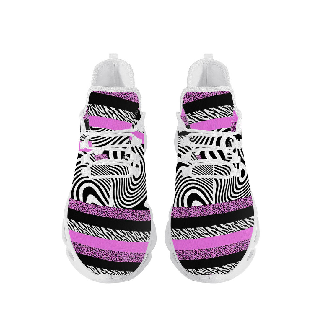 Ti Amo I love you - Exclusive Brand - Deep Lavender Magenta & Zebra Stripes & Black & White Wavy Stripes Mashup - Mens / Womens - Flex Control Sneakers- White Soles