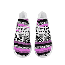 Load image into Gallery viewer, Ti Amo I love you - Exclusive Brand - Deep Lavender Magenta &amp; Zebra Stripes &amp; Black &amp; White Wavy Stripes Mashup - Mens / Womens - Flex Control Sneakers- White Soles
