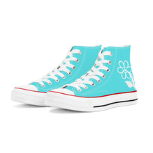 Load image into Gallery viewer, Ti Amo I love you - Exclusive Brand - Medium Turquoise Blue- White Daisy - High Top Canvas Shoes - White  Soles
