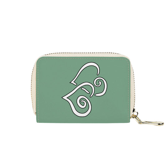 Ti Amo I love you - Exclusive Brand - Bayleaf Green - Double White Heart - PU Leather - Zipper Card Holder