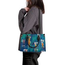 Load image into Gallery viewer, Ti Amo I love you - Exclusive Brand - Chathams Blue &amp; Elf Green Abstract - Luxury Womens PU Tote Bag - Black Straps
