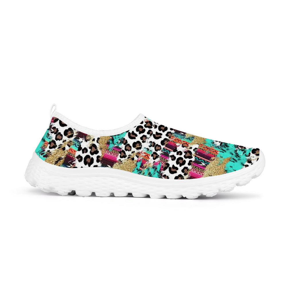 Ti Amo I love you - Exclusive Brand  - White with Kabul Spots & Puerto Rico & Medium Red Violet Leopard Pattern - Women's Mesh Running Shoes