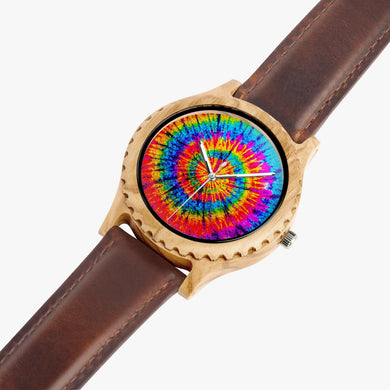 Ti Amo I love you - Exclusive Brand - Rainbow - Tie Dye - Unisex Designer Italian Olive Wood Watch - Leather Strap