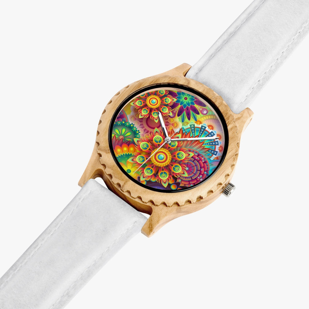 Ti Amo I love you - Exclusive Brand - Mandala Pattern - Unisex Designer Italian Olive Wood Watch - Leather Strap