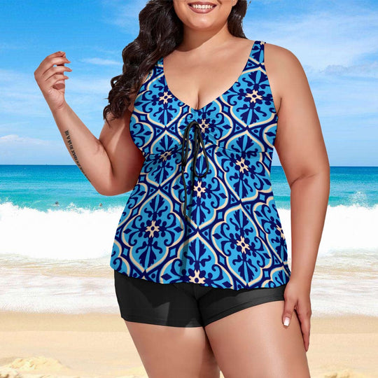 Ti Amo I love you - Exclusive Brand  - Women's Plus Size - Picton Blue 2 Floral Pattern - 2pc Split Swimsuit - Sizes XL-6XL