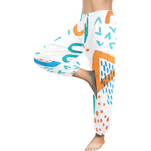 Load image into Gallery viewer, Ti Amo I love you  - Exclusive Brand - White with Orange &amp; Blue Geometrical Shapes - Women&#39;s Harem Pants
