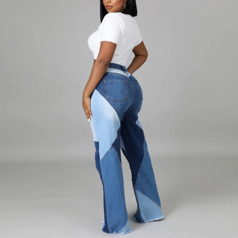 Womens Mixed Color Block Jeans - High Waist Tight Hip Denim Pants