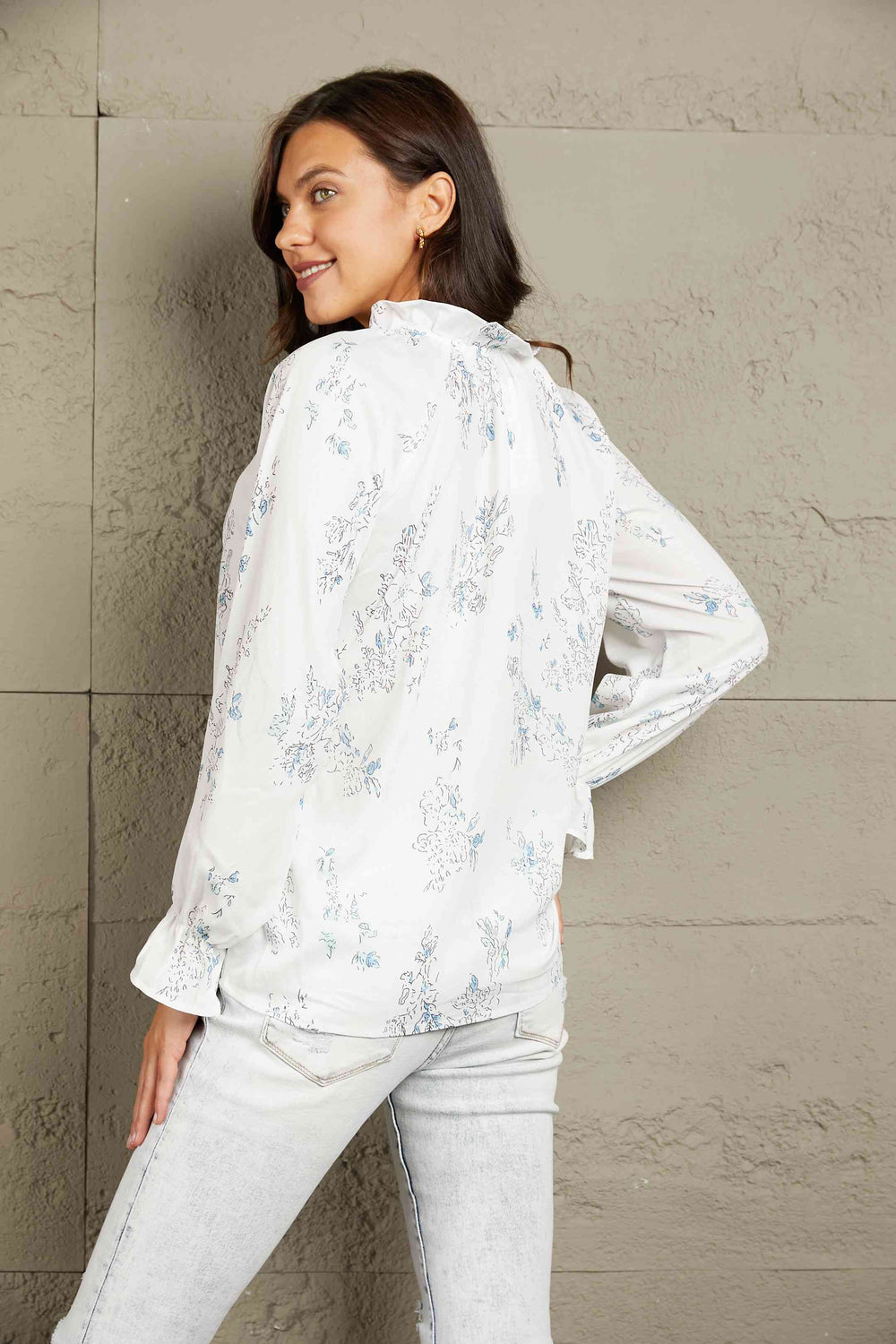 Double Take Floral Tie Neck Flounce Sleeve Blouse
