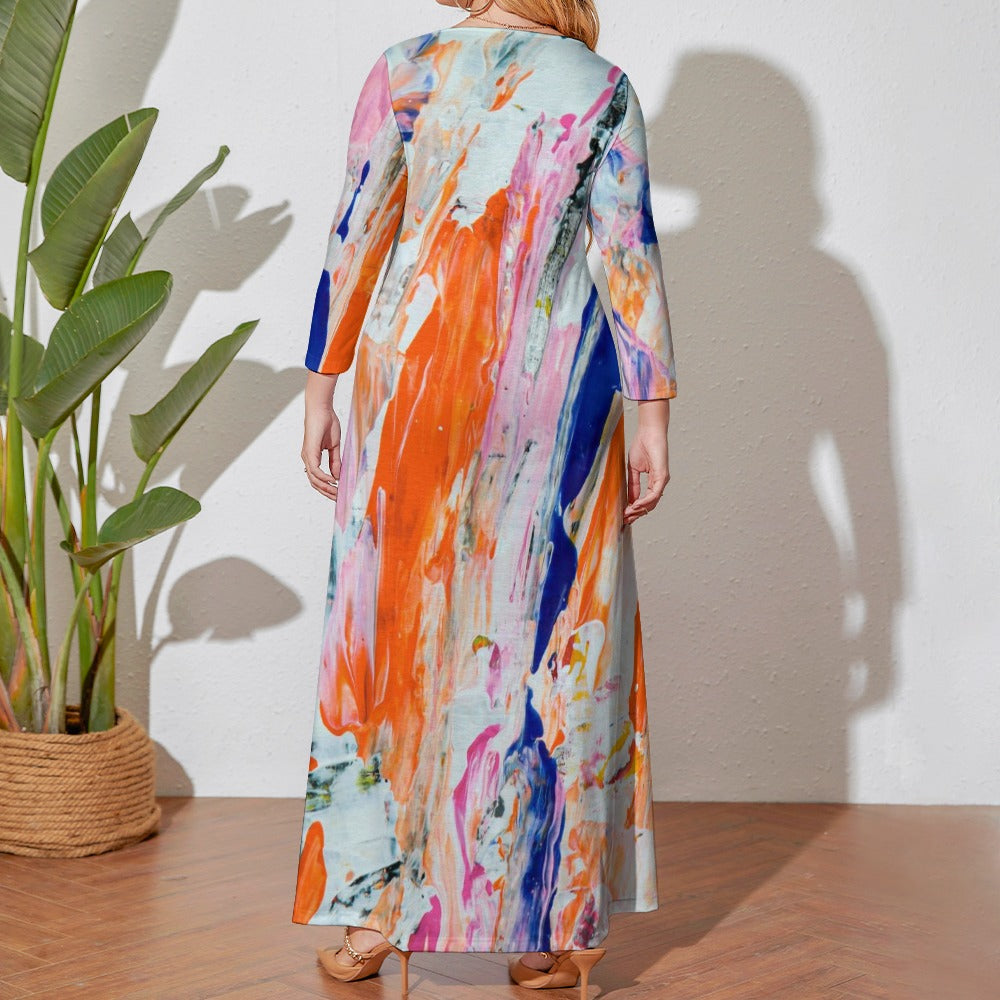 Ti Amo I love you - Exclusive Brand - Pale Green with Orange /Blue /Pink - Abstract - Womens Plus Size - Long Dress / Long Sleeves - Loose Crew Neck Long Sleeve Long Dress - Sizes XL-5XL