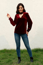 Load image into Gallery viewer, Cutout Puff Sleeve Velvet Blouse
