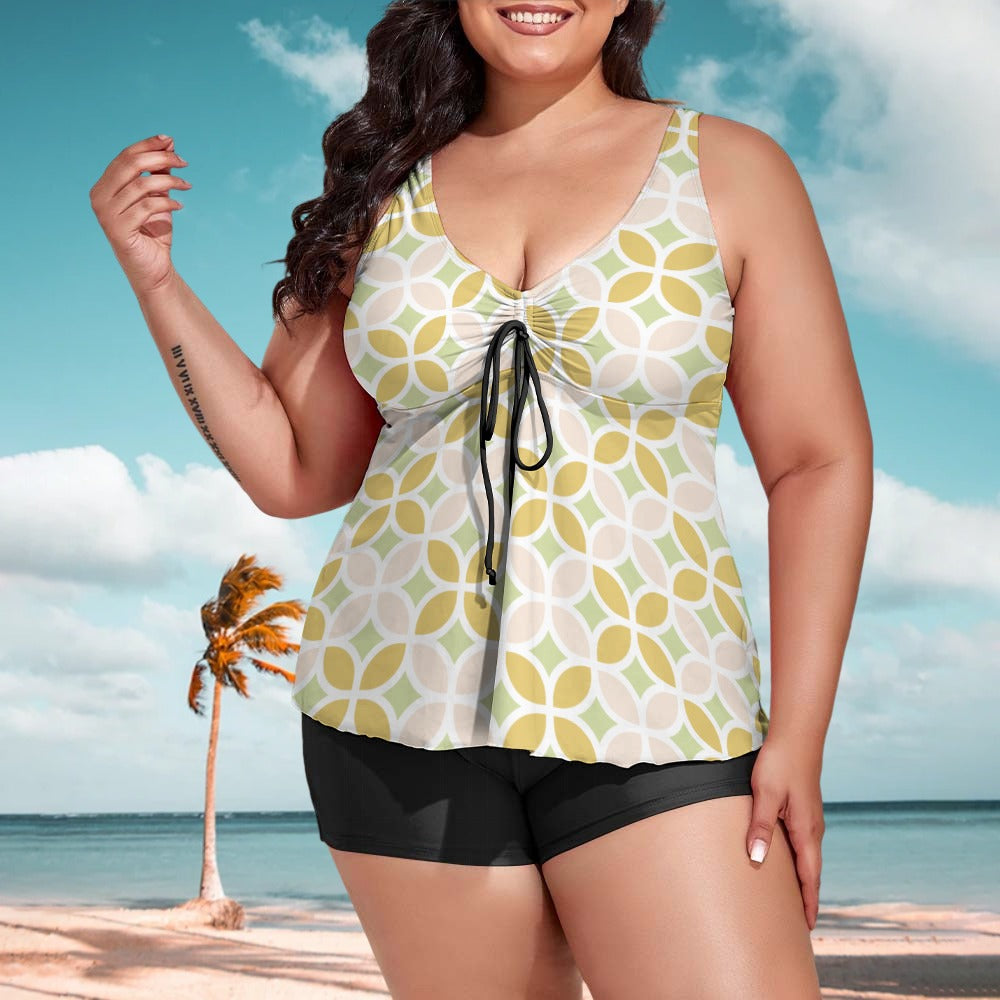 Ti Amo I love you - Exclusive Brand - Bizzare, Chenin Tan & Beryl Green Floral - Women's Plus Size -Split Swimsuit - Sizes XL-6XL