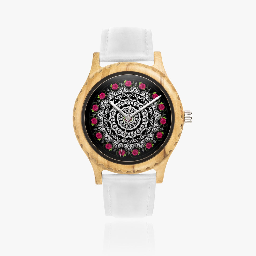 Ti Amo I love you - Exclusive Brand - Rose Mandala - Womens Designer Italian Olive Wood Watch - Leather Strap 45mm White