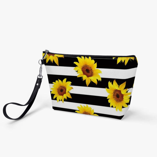 Ti Amo I love you - Exclusive Brand - Black & White Stripes with Sunflowers - Zipper Sling Cosmetic Bag