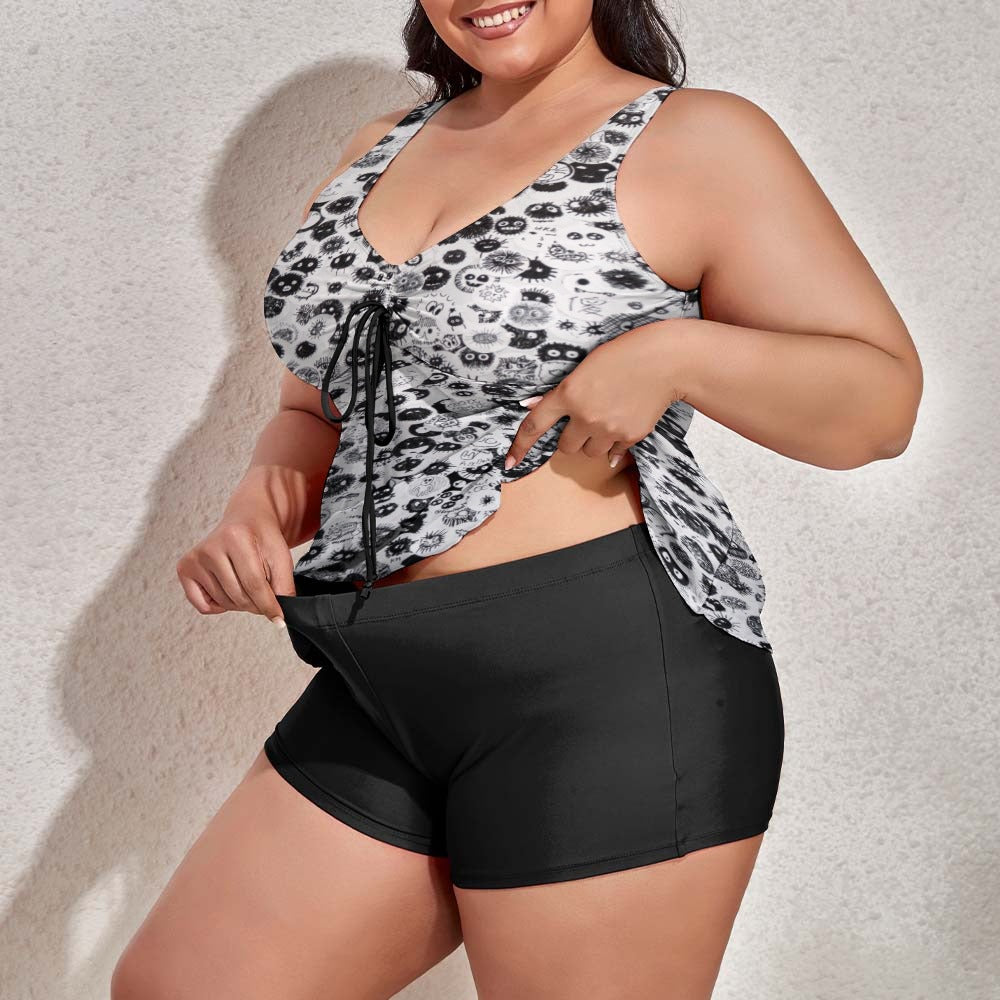 Ti Amo I love you - Exclusive Brand - Black & White - Faces - Women's Plus Size - Drawstring Swimsuit - Sizes XL-5XL