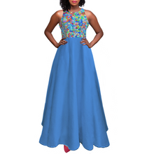 Load image into Gallery viewer, Ti Amo I love you Exclusive Brand - Steel Blue &amp; Colorful Flowers - Sleeveless Classic Elegant Maxi Dress
