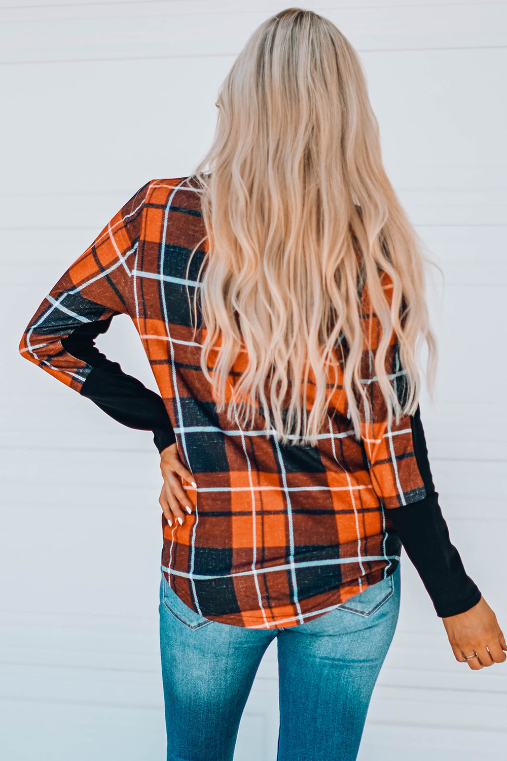 Womens - Plaid Patchwork Pocket Long Sleeve Top - Sizes S-2XL