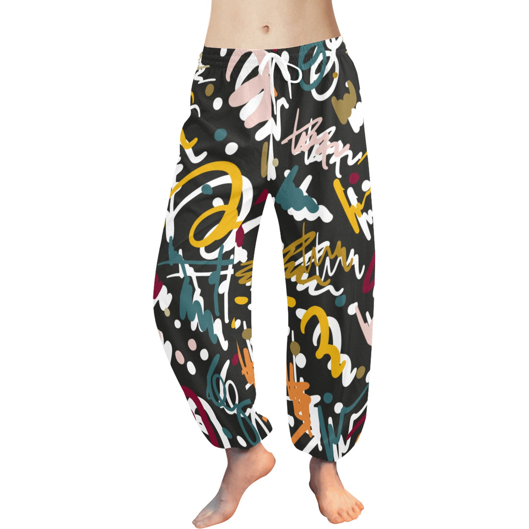 Ti Amo I love you - Exclusive Brand  - Black with Colorful Scribbles - Women's Harem Pants - Sizes XS-2XL