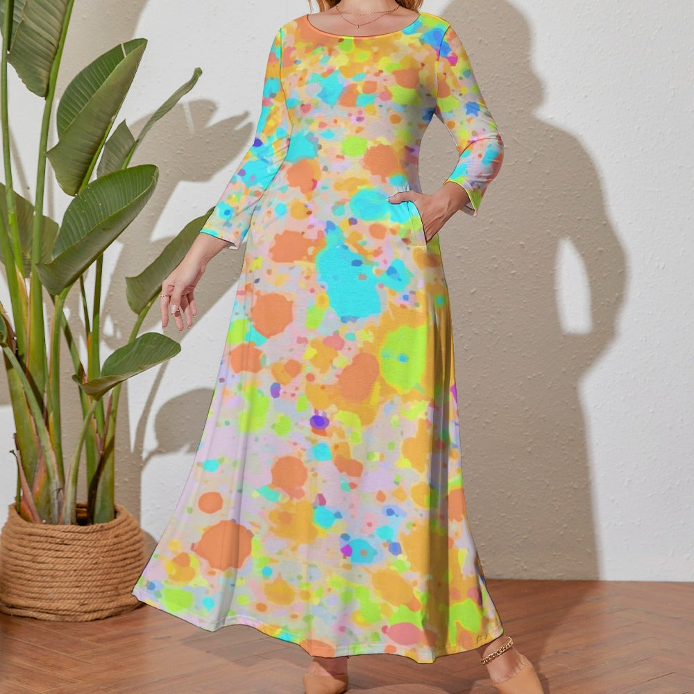 Ti Amo I love you - Exclusive Brand - Peach with Orange & Aqua Abstract - Long Dress / Long Sleeves -  Womens Plus Size - Loose Crew Neck Long Sleeve Long Dress - Sizes XL-5XL
