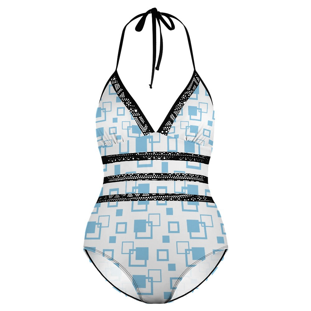 Ti Amo I love you - Exclusive Brand - White with Glacier Squares - Plus Size Swimsuit - Sizes XL-4XL