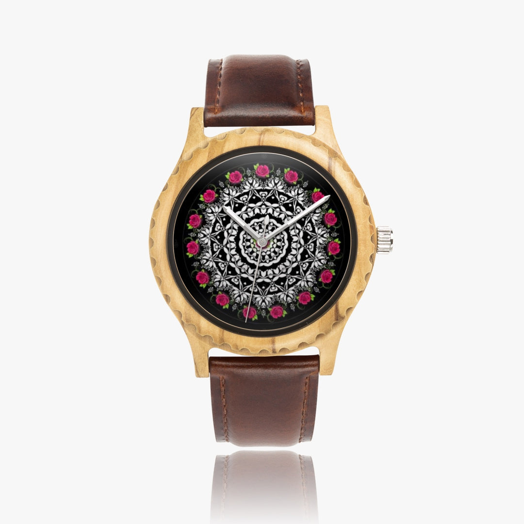 Ti Amo I love you - Exclusive Brand - Rose Mandala - Womens Designer Italian Olive Wood Watch - Leather Strap 45mm Brown