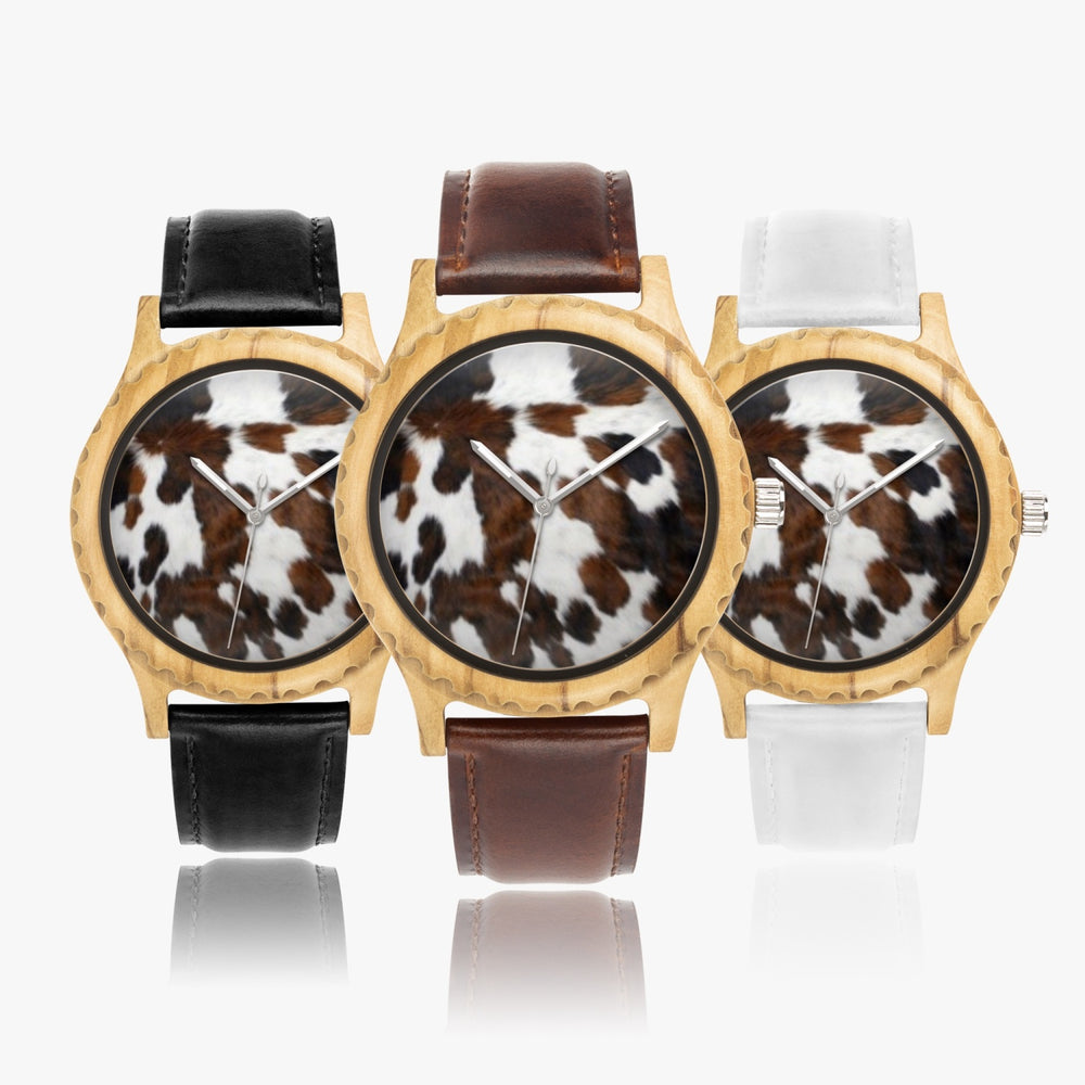 Ti Amo I love you - Exclusive Brand  - Cow Spots - Italian Olive Lumber Wooden Watch - Leather Strap