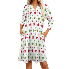 Load image into Gallery viewer, Ti Amo I love you - Exclusive Brand - Christmas Red &amp; Green Star -  7-point Sleeve Dress - Sizes S-5XL
