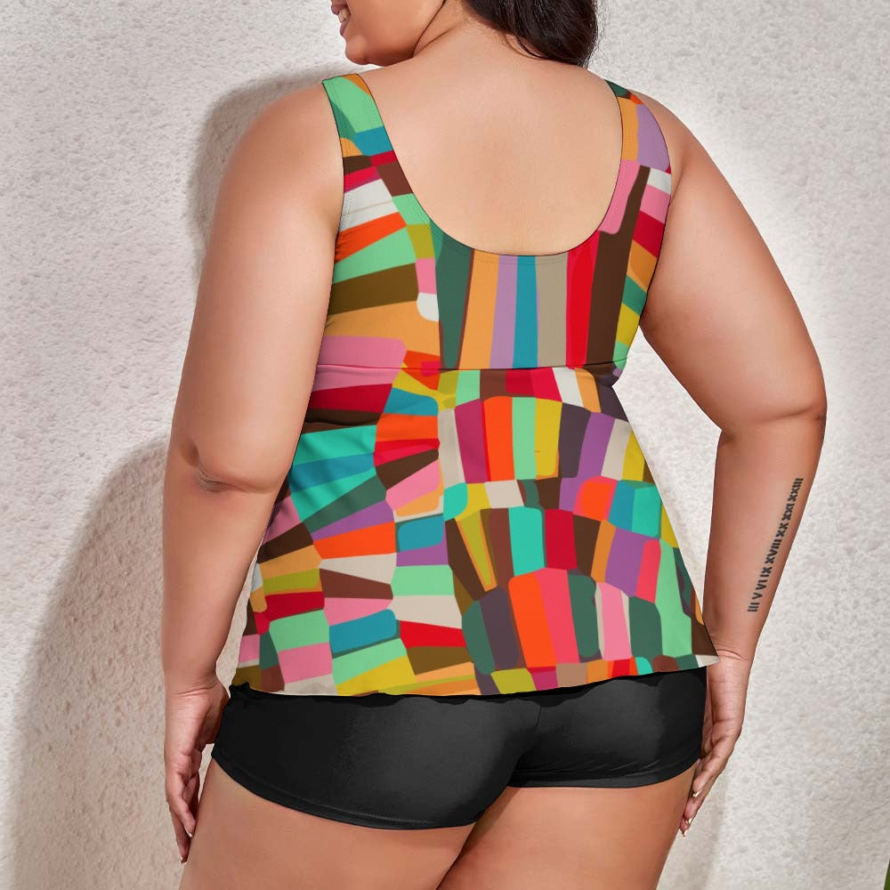 Ti Amo I love you - Exclusive Brand  - Colorblock Rectangles - 2pc Women's Plus Size Drawstring Swimsuit