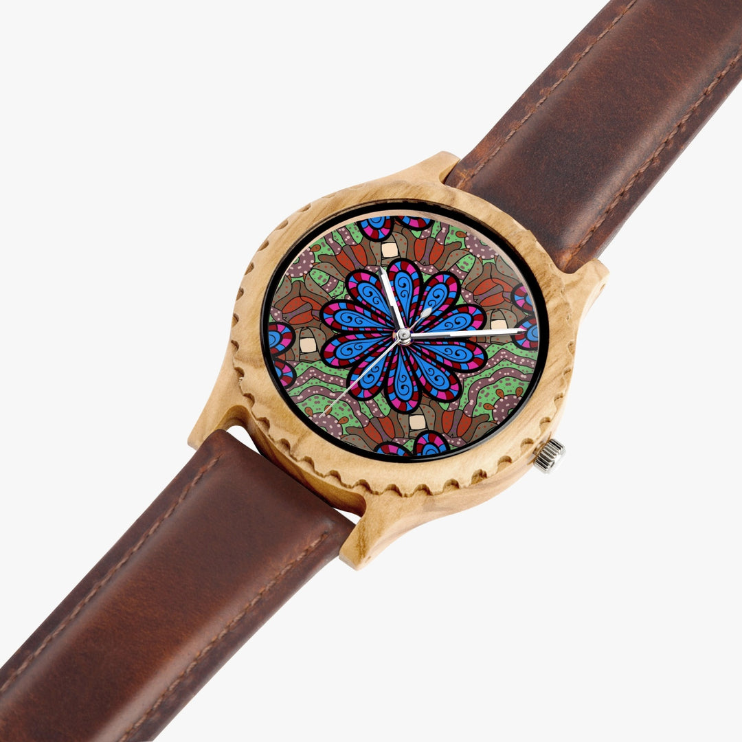 Ti Amo I love you - Exclusive Brand - Flower Pattern - Womens Designer Italian Olive Wood Watch - Leather Strap